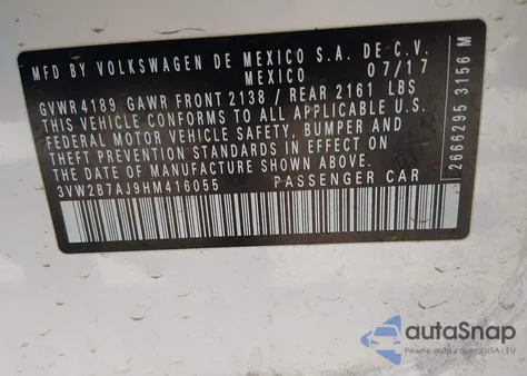 2017 Volkswagen Jetta 1.4T S z USA, uszkodzony, nr VIN 3VW2B7AJ9HM416055